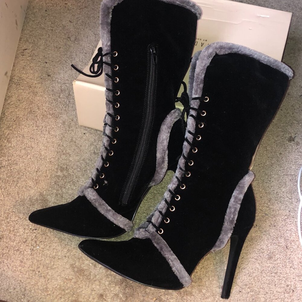 Paper Fox Black Velvet High Heel Boots/ size 9